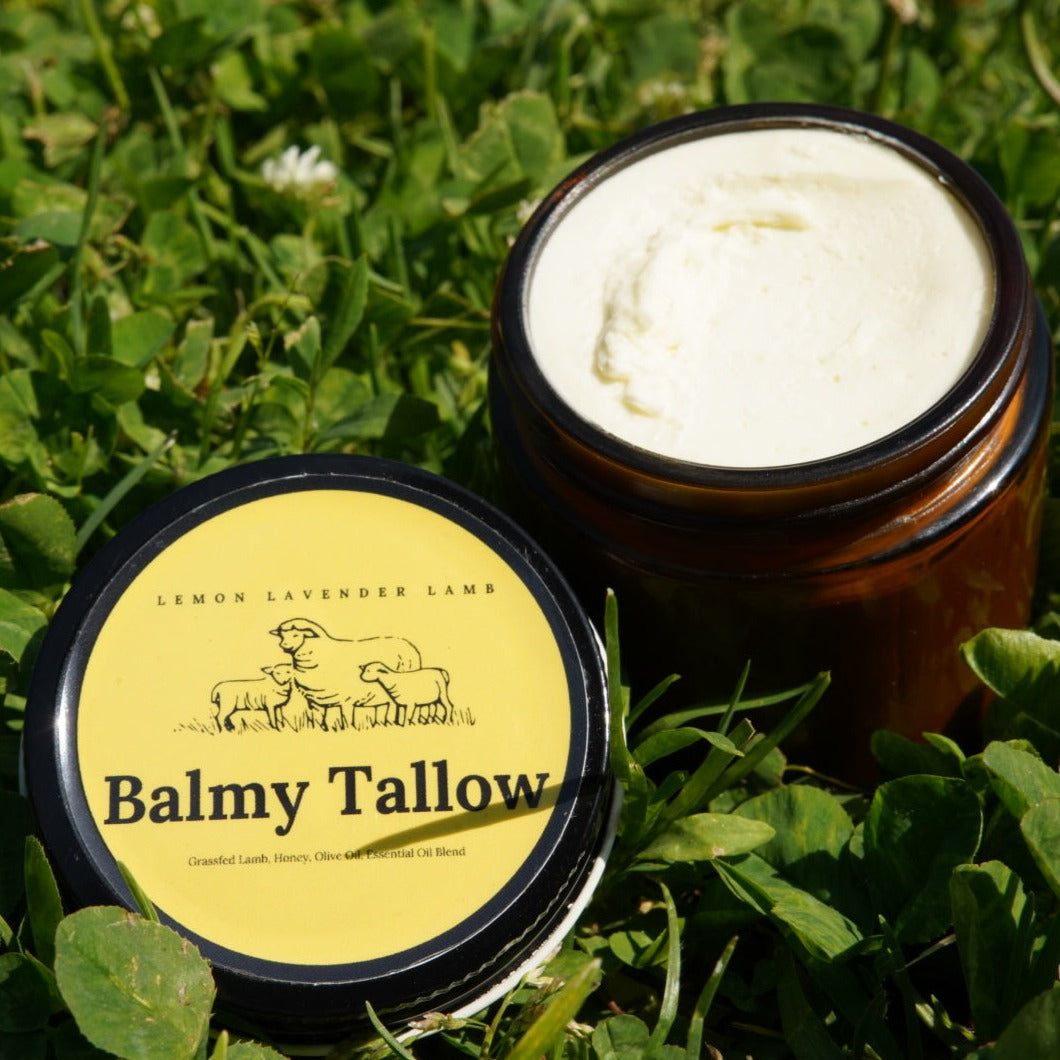 Open jar of Lemon Lavender Tallow Balm showing the whipped balm, yellow Balmy Tallow lid on clover