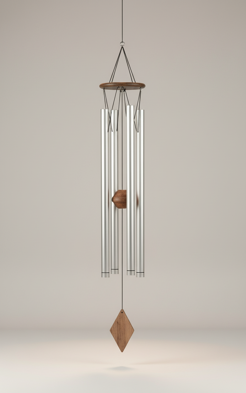 DNA Nucleotides wind chime, side view showing wood top and striker
