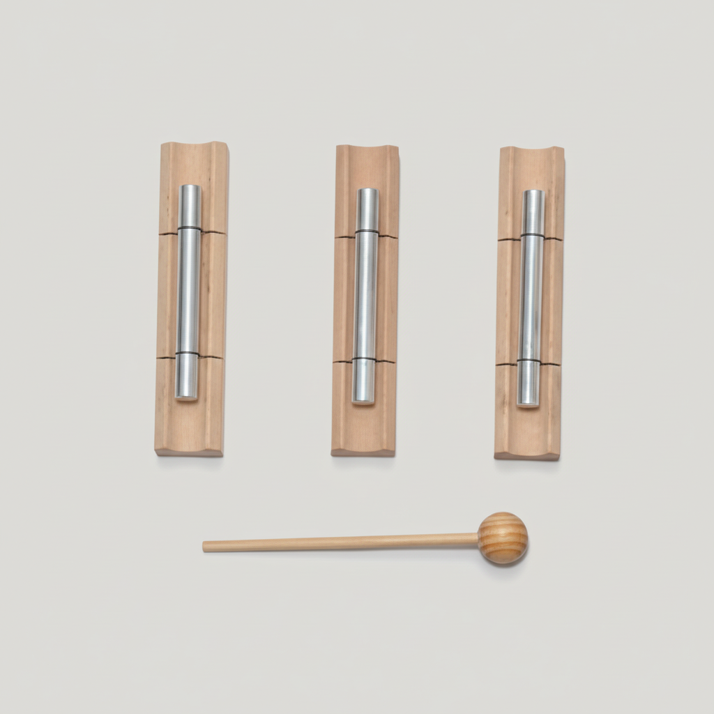 Angel Energy Chime Bar Set, three aluminum bars on wood bases with wood mallets
