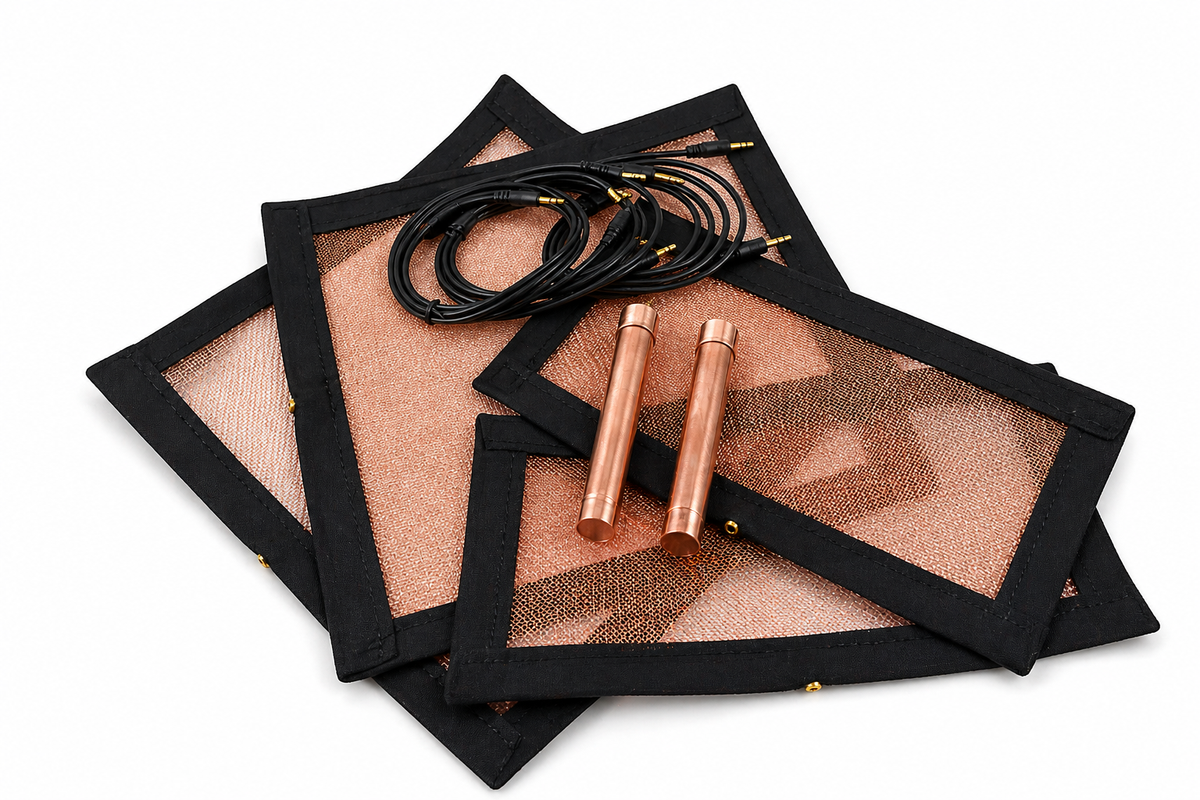 Copper Polarity BioCircuit panels and hand electrodes for bioelectrical grounding therapy and natural sleep support