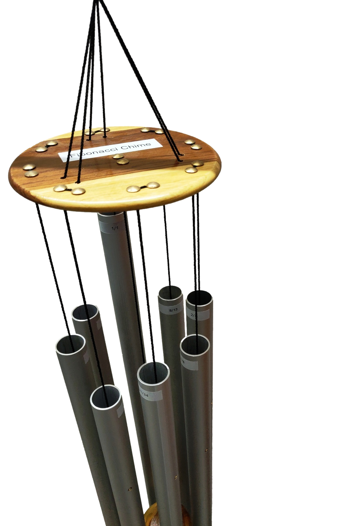 Close-up of Fibonacci wind chime pipes and wood striker
