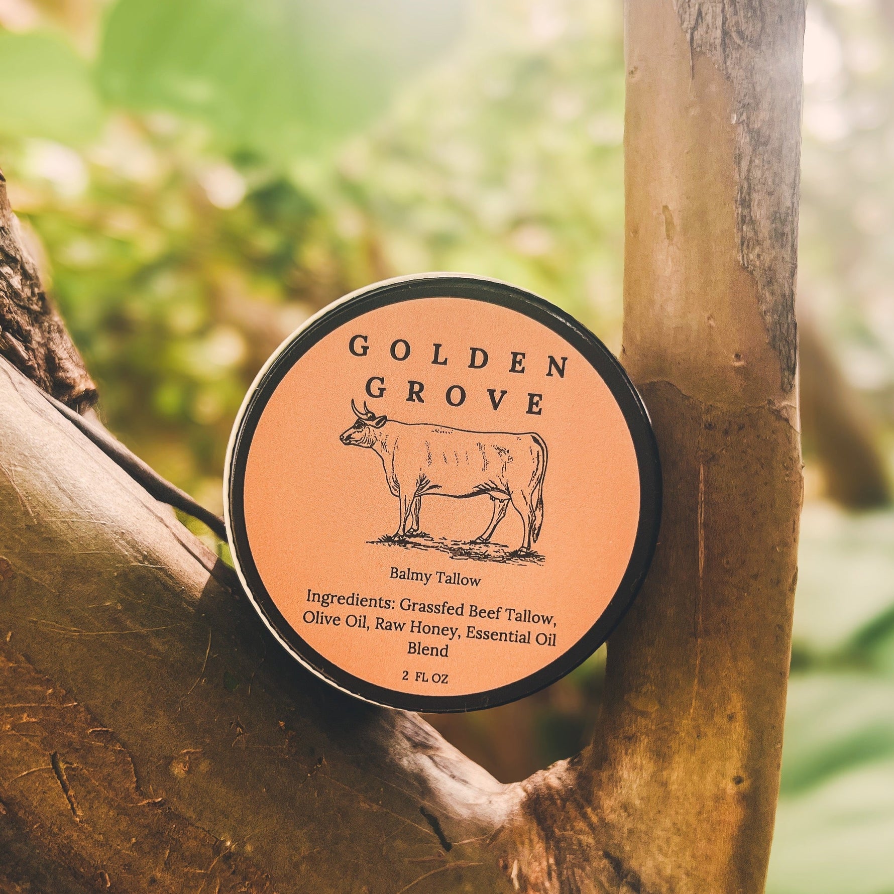 Golden Grove Balmy Tallow natural skin balm with grass-fed beef tallow displayed outdoors in Texas, USA