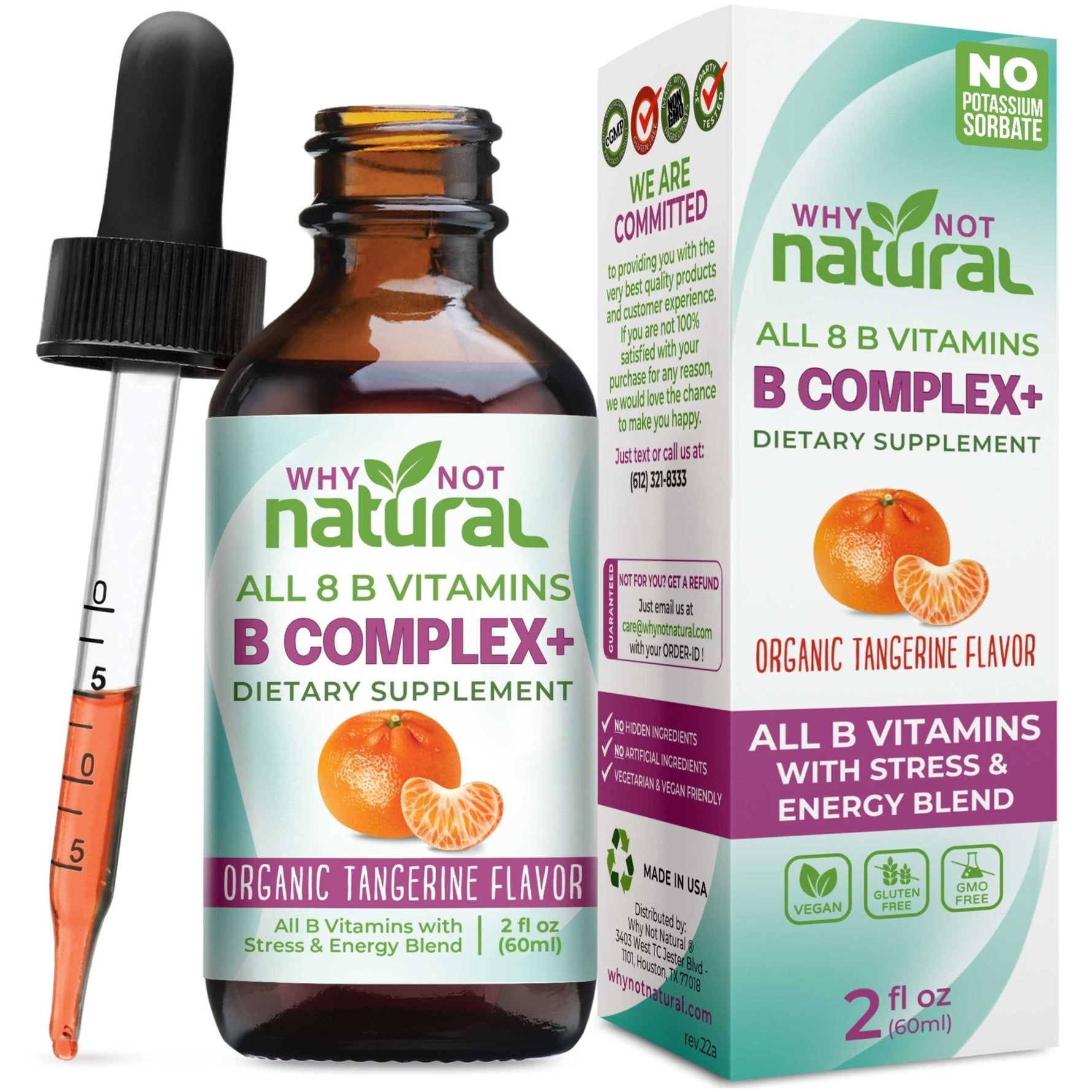 Why Not Natural liquid B complex bottle and carton with graduated dropper, all 8 B vitamins, 2 fl oz