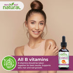Why Not Natural liquid B complex with all 8 B vitamins for skin, hair and nail support, beside a smiling woman