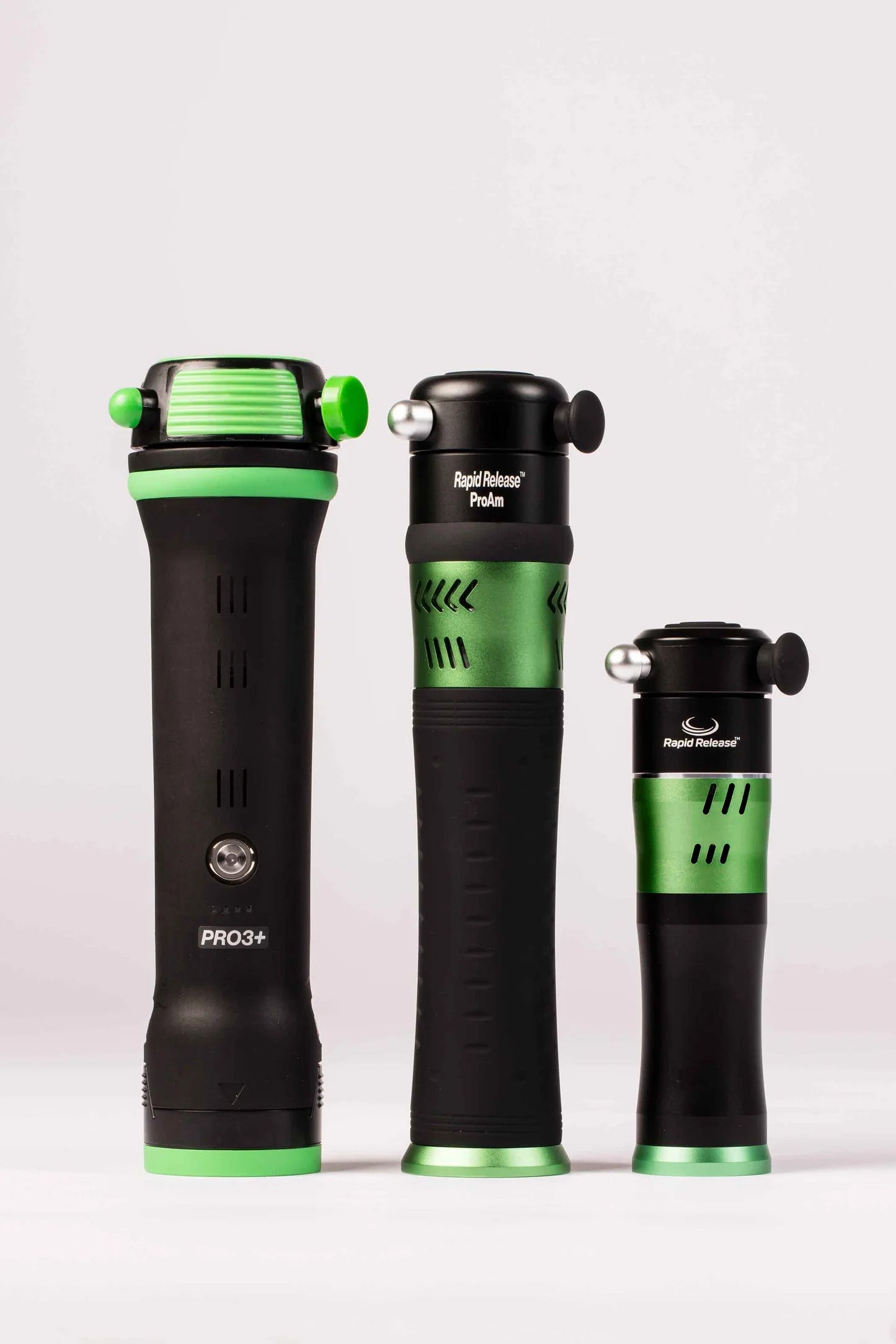 Rapid Release Pro3+, ProAm, and Traveler shown side by side for size comparison