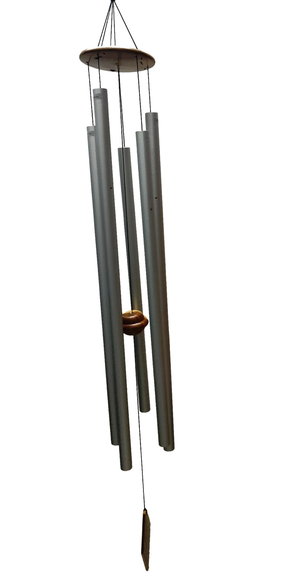 Sharp wind chime with five aluminum pipes, wood top and wind catcher