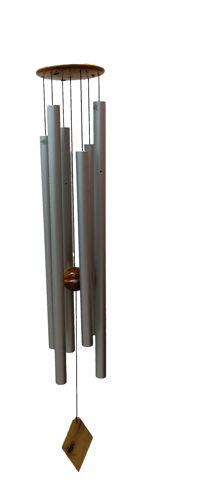 Close-up of Solfeggio wind chime tubes and hardwood striker