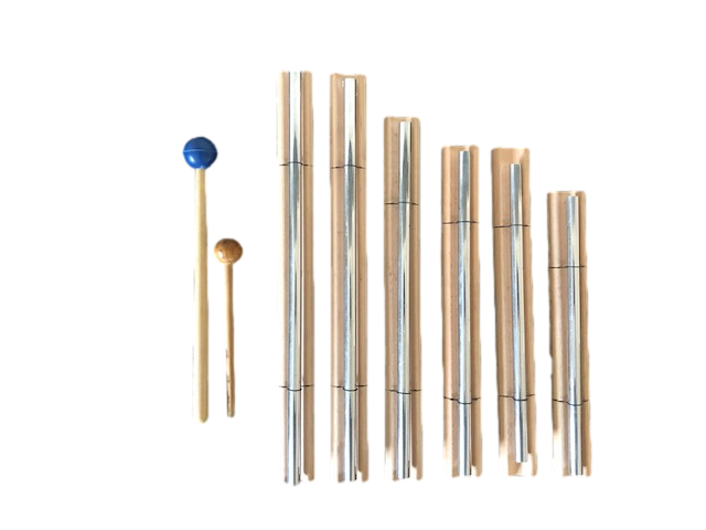 Solfeggio chime bar set, six aluminum bars on wood bases