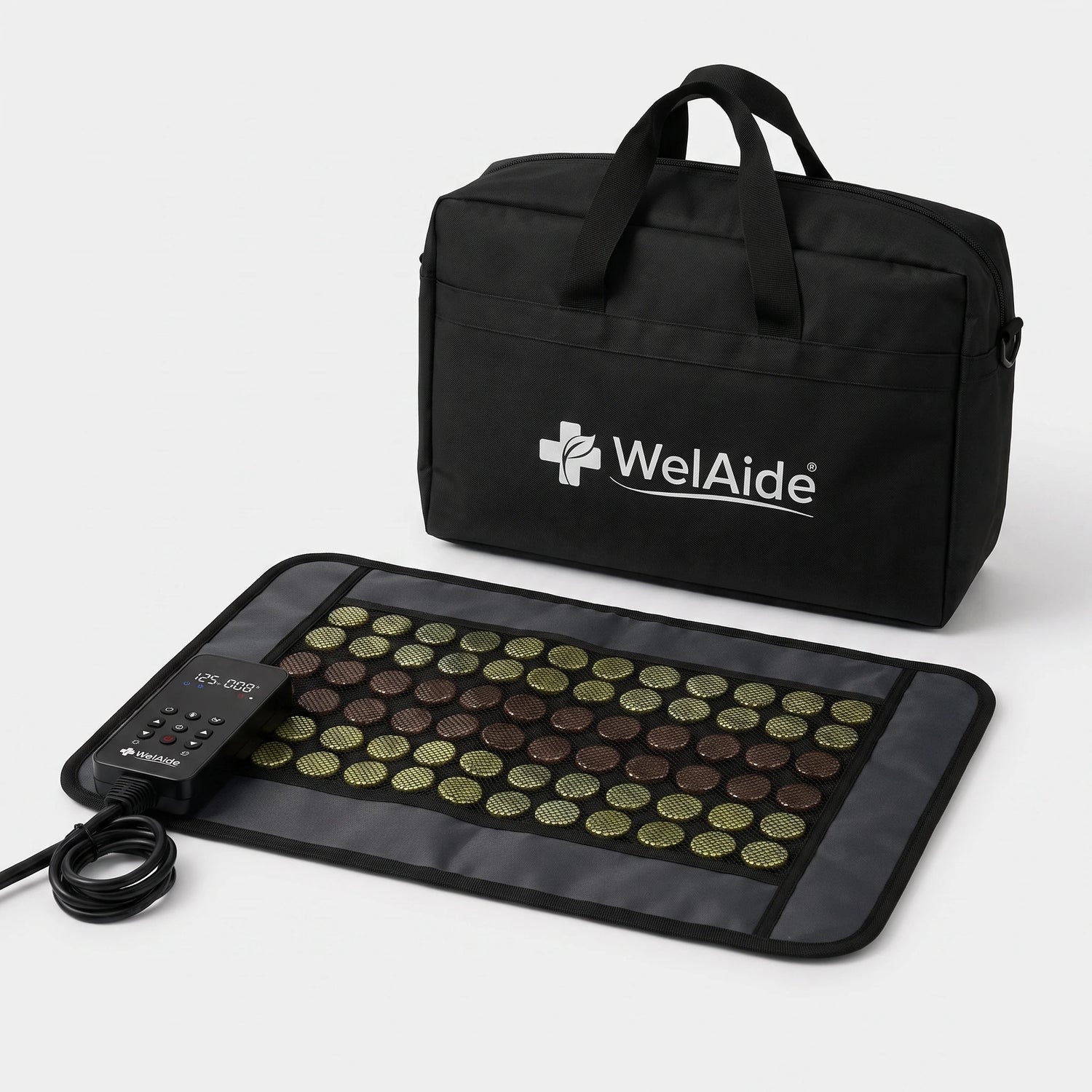 WelAide Far Infrared Heating Pad with jade and tourmaline stones, 15.5 x 23 inches, shown with digital controller