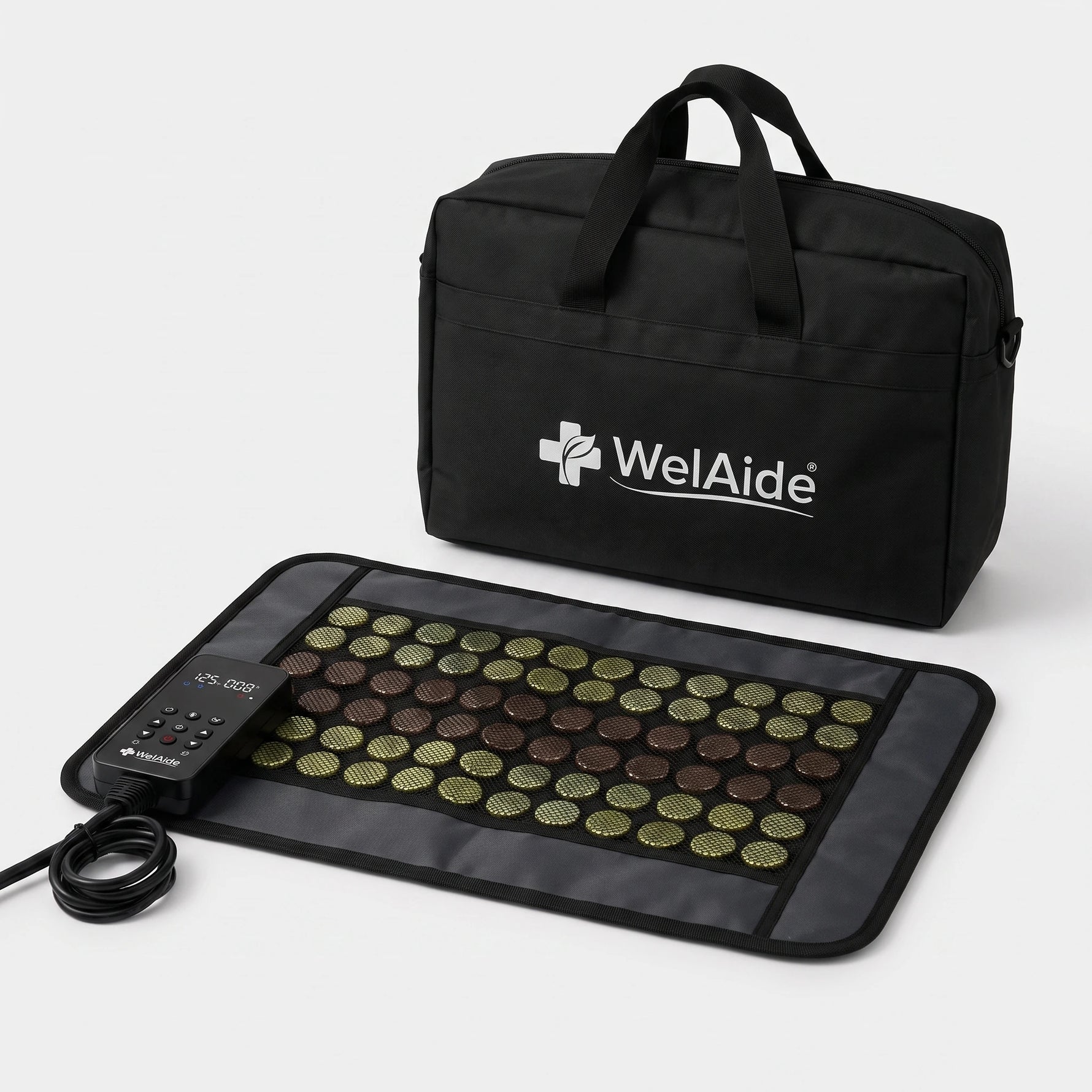 WelAide Far Infrared Heating Pad with jade and tourmaline stones, 15.5 x 23 inches, shown with digital controller