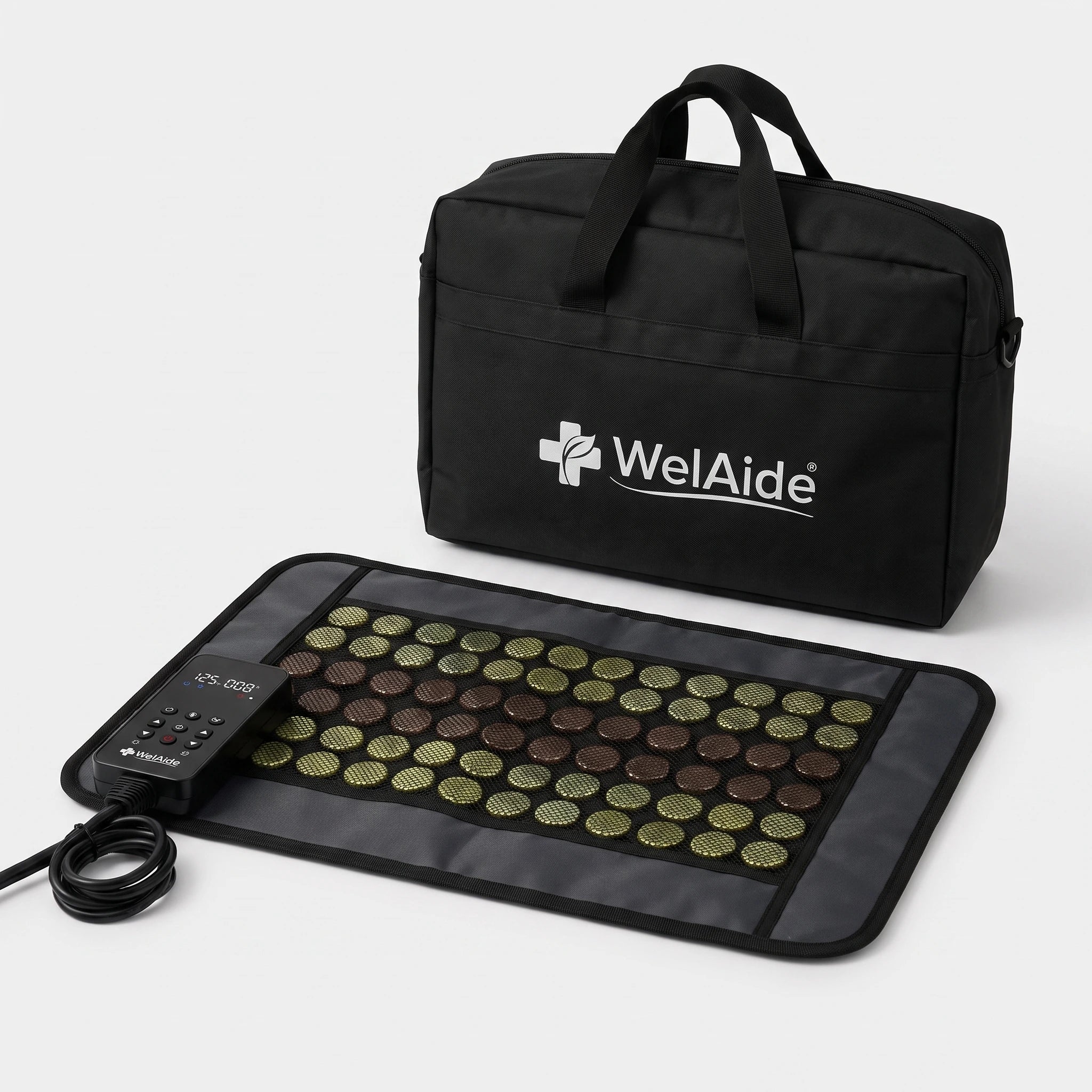 WelAide Far Infrared Heating Pad with jade and tourmaline stones, 15.5 x 23 inches, shown with digital controller
