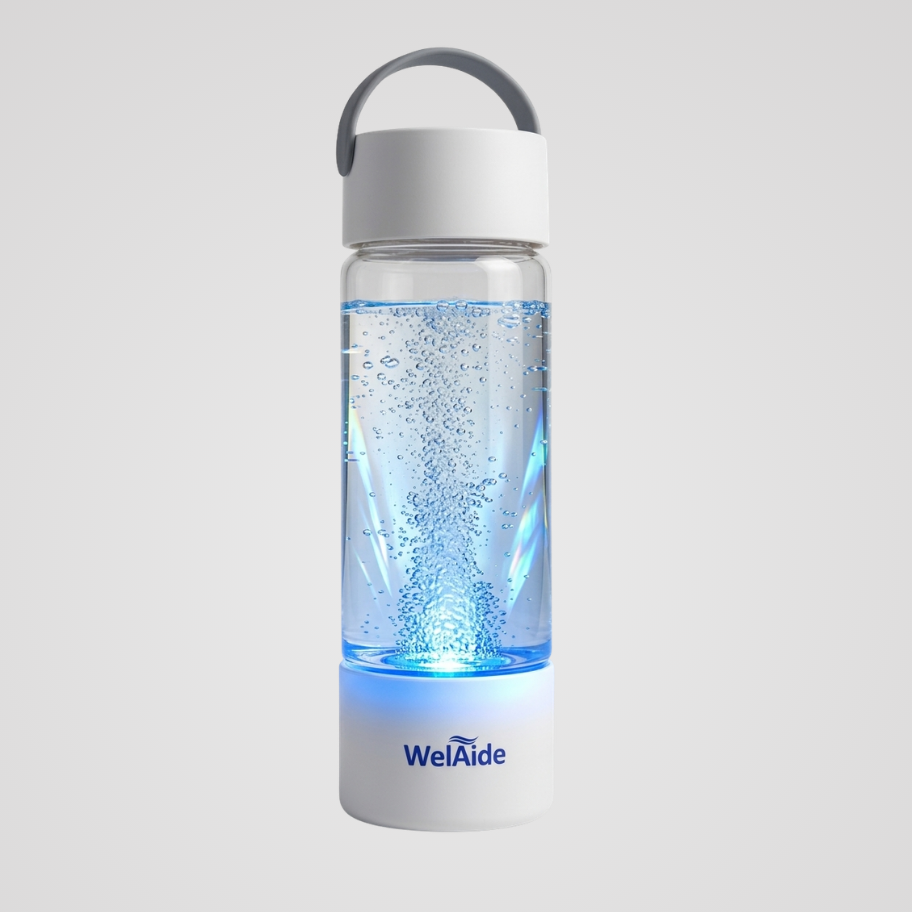 Clear water bottle with blue liquid and white cap on a light gray background, featuring the WelAide brand.