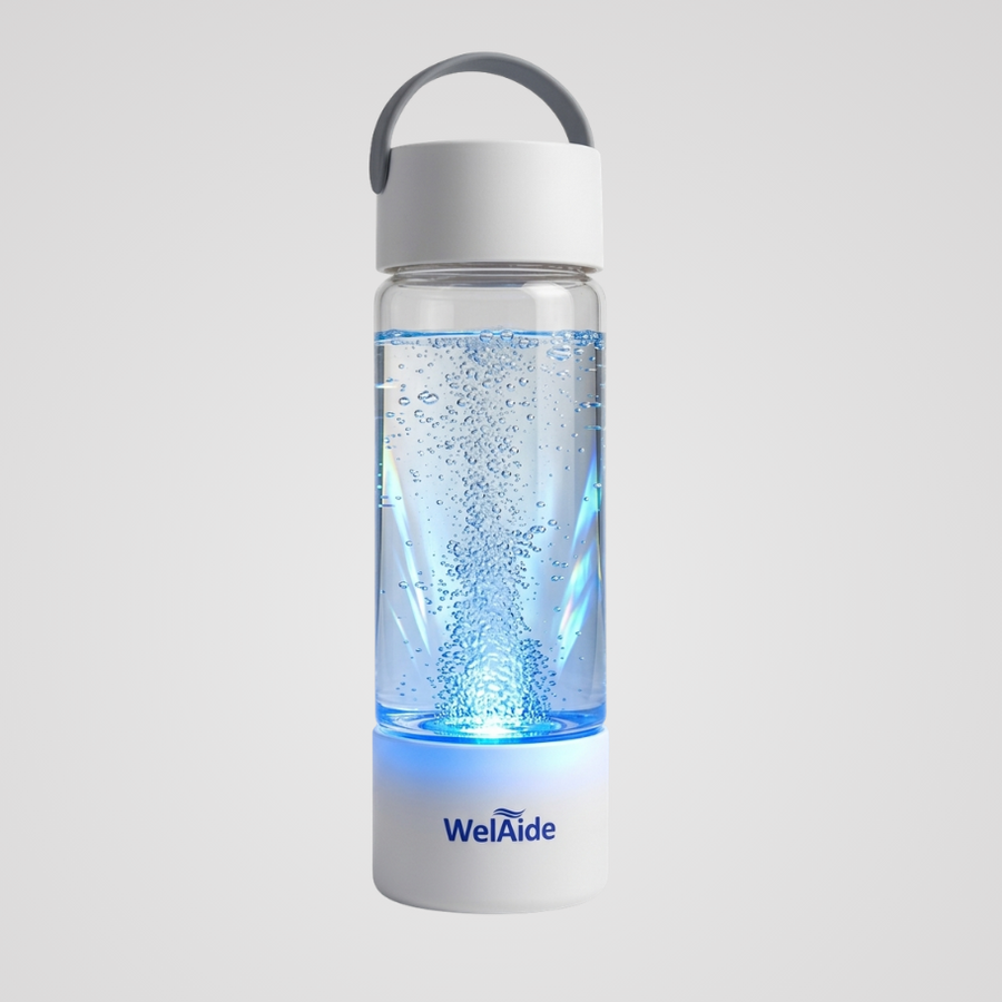 Clear water bottle with blue liquid and white cap on a light gray background, featuring the WelAide brand.