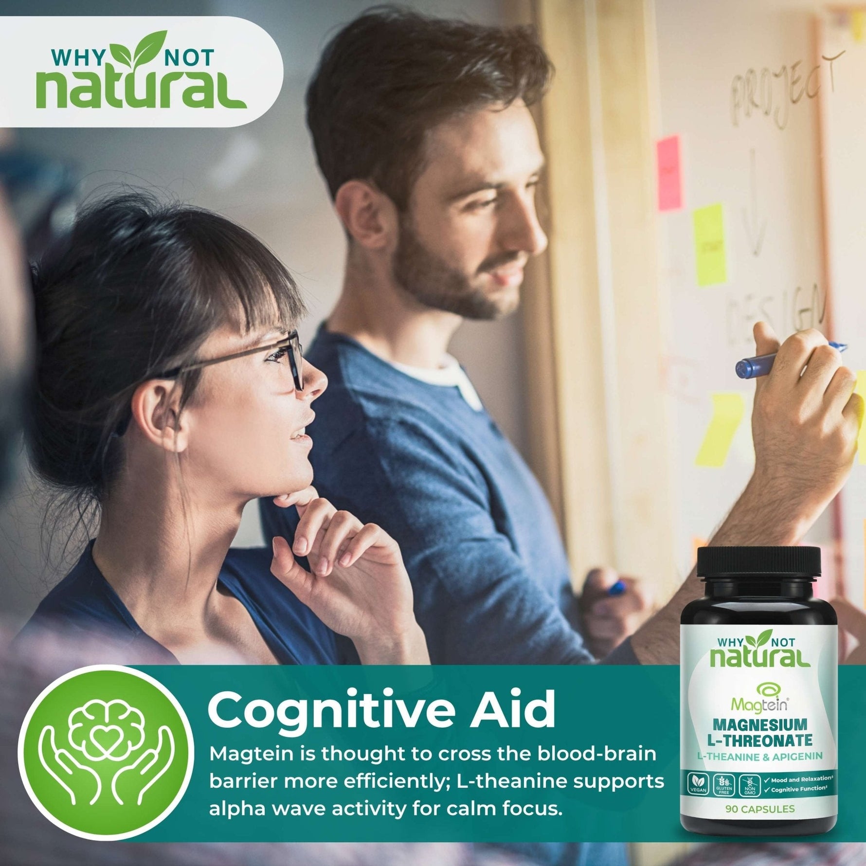 Why Not Natural Magtein magnesium L-threonate capsules with L-theanine and apigenin, 90 capsules