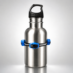 Aquatomic magnetic band with blue magnet housings strapped around a steel water bottle