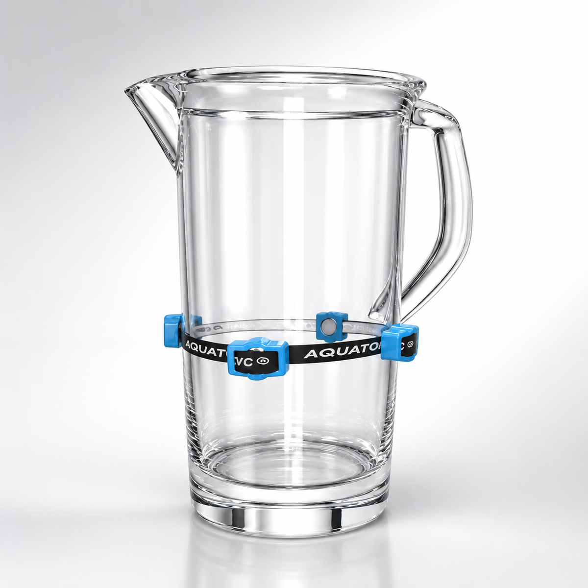 AQUATOMIC water magnets, four blue magnet units on a black strap fitted around a glass pitcher