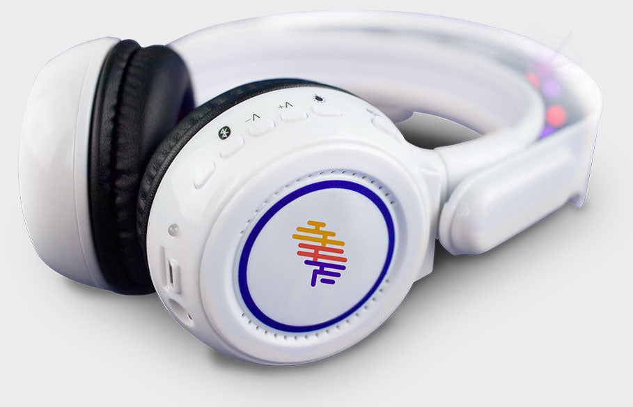 White Bluetooth headset with built-in LED light therapy in the headband and on-ear controls