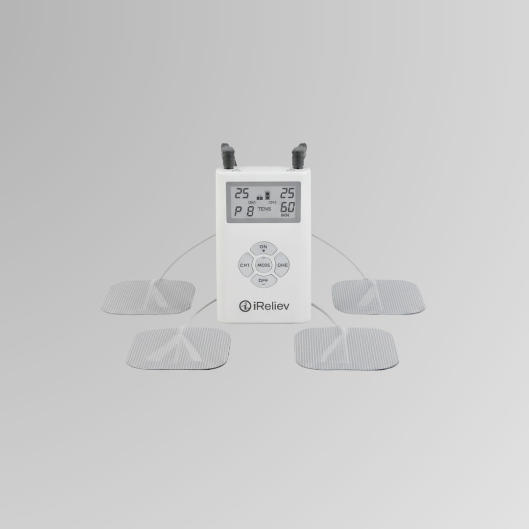 iReliev ET-1313 dual channel TENS unit for pain relief, with four electrode pads and lead wires