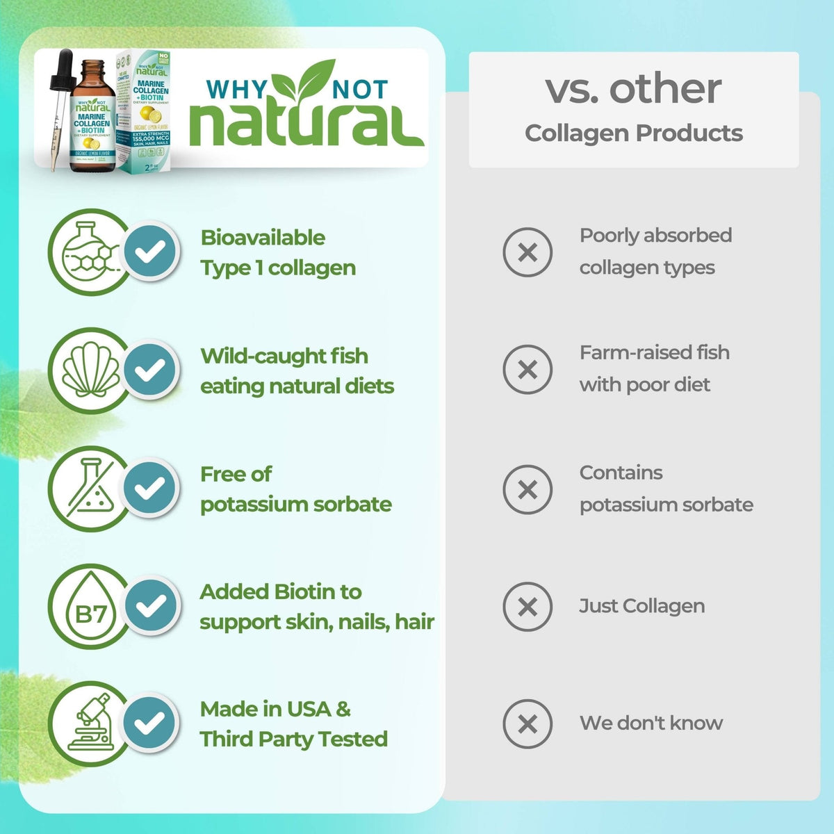 Why Not Natural liquid marine collagen and biotin compared with other collagen supplements — Type 1 collagen, wild-caught, no potassium sorbate