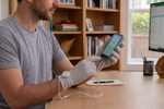 WelAide Neuro Builder Hand Kit in use at desk — portable drug-free nerve stimulation device for daily home use