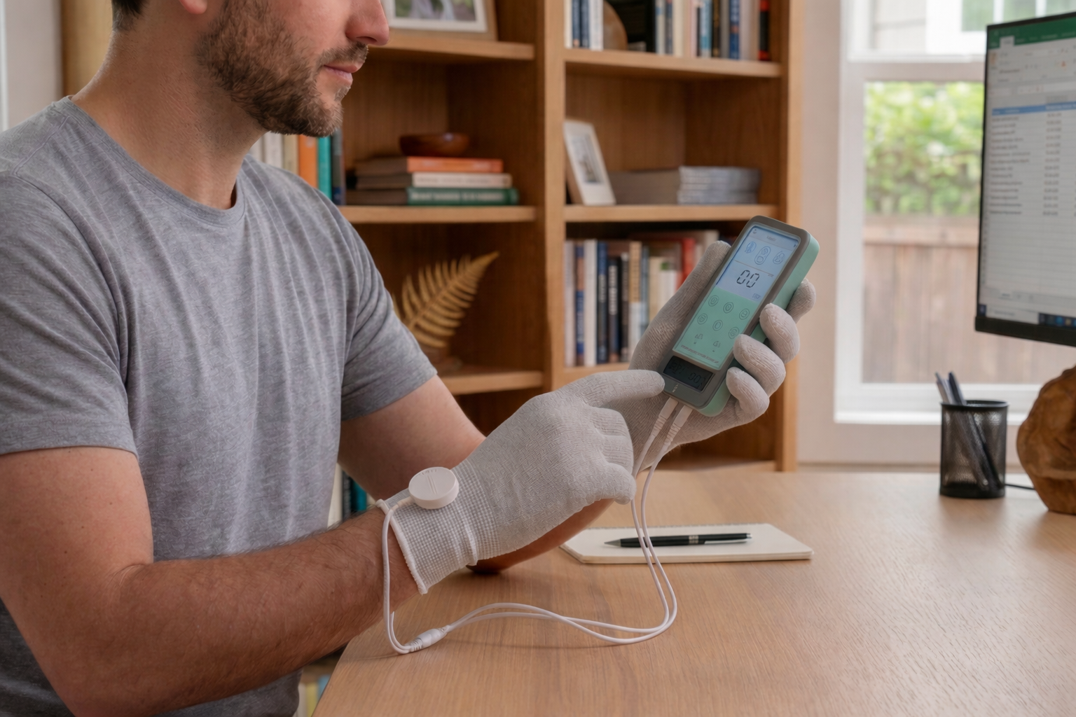 WelAide Neuro Builder Hand Kit in use at desk — portable drug-free nerve stimulation device for daily home use