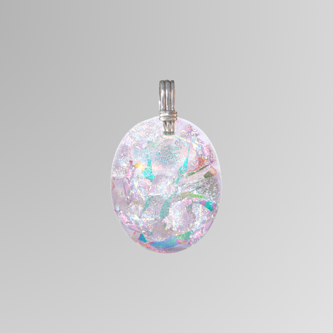 Personal Rejuvenizer Luminous Lavender EMF protection pendant in iridescent dichroic fused glass