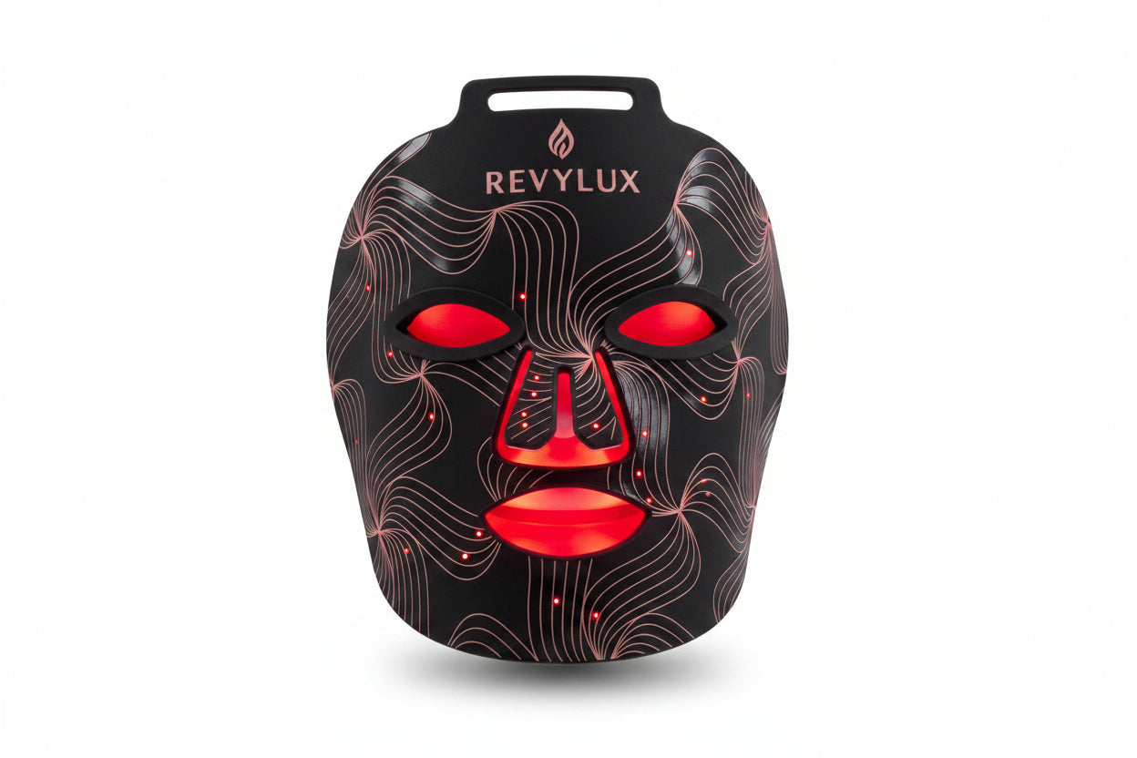 Revylux LED light therapy face mask in black with red light illuminated