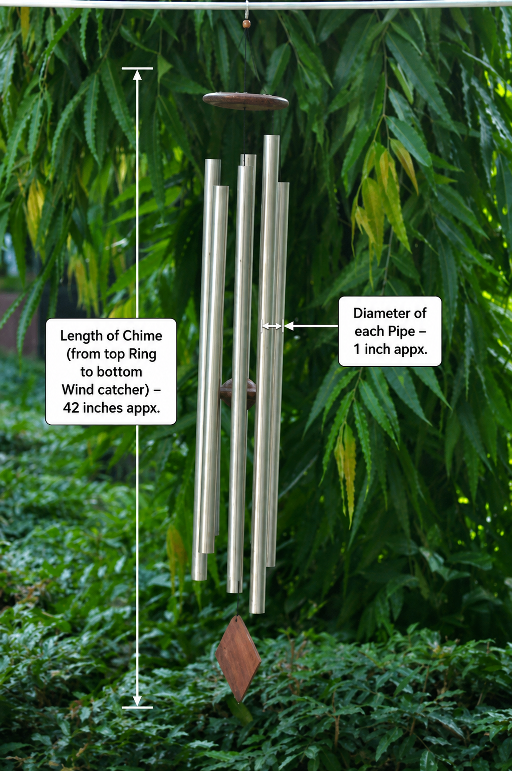 Solfeggio wind chime with six tubes labeled 396, 417, 528, 639, 741 and 852 Hz