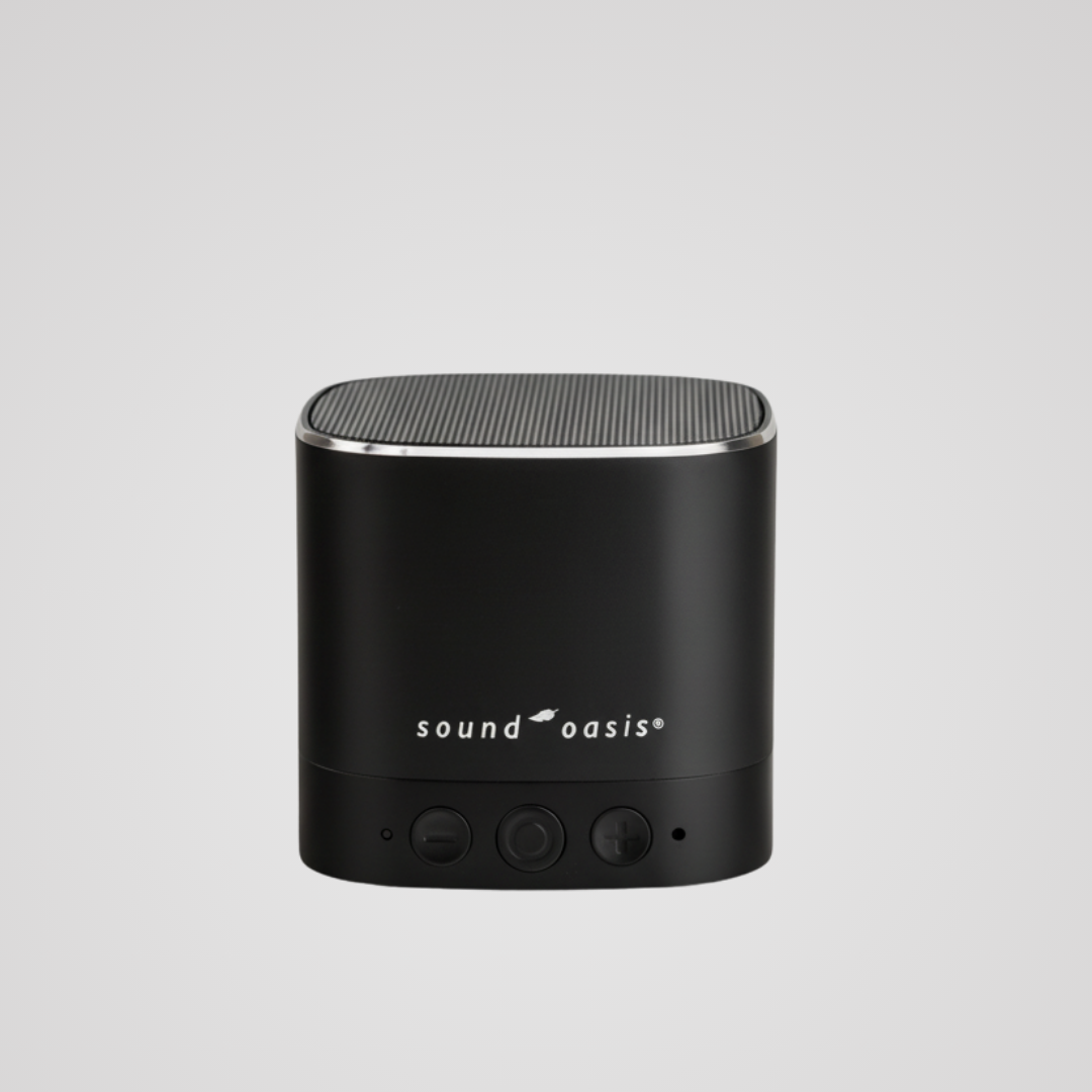 Sound Oasis compact sound machine in black with top speaker grille and volume controls
