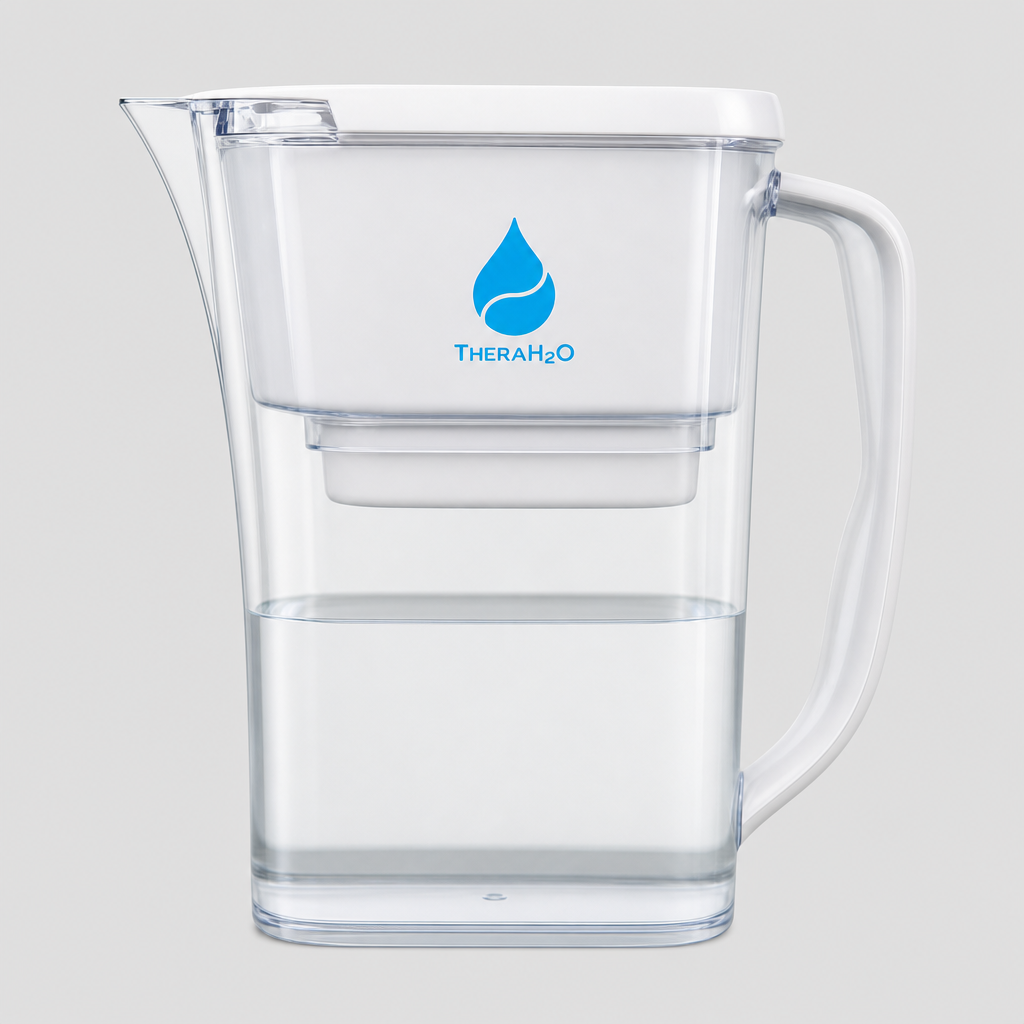 Therasage TheraH2O water filter pitcher with white lid and handle, filled with filtered water
