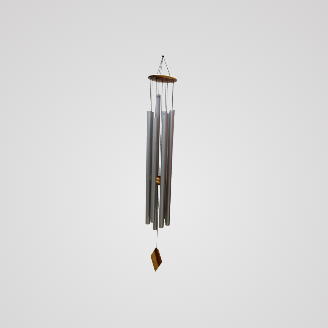 Fibonacci wind chime with eight aluminum pipes, wood top and wind catcher