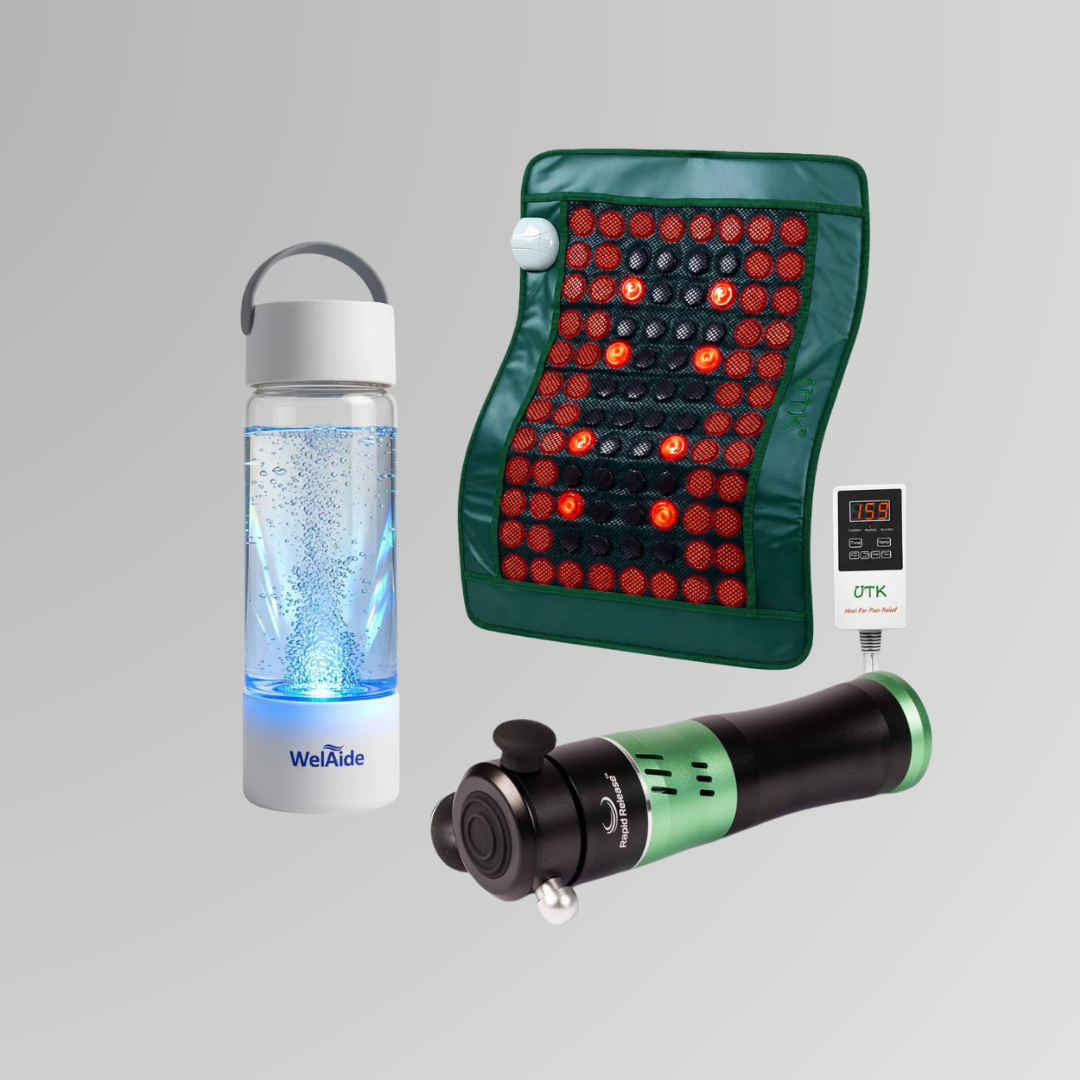 Three recovery devices: a WelAide hydrogen water bottle, a UTK far infrared heating pad, and a Rapid Release vibration therapy device