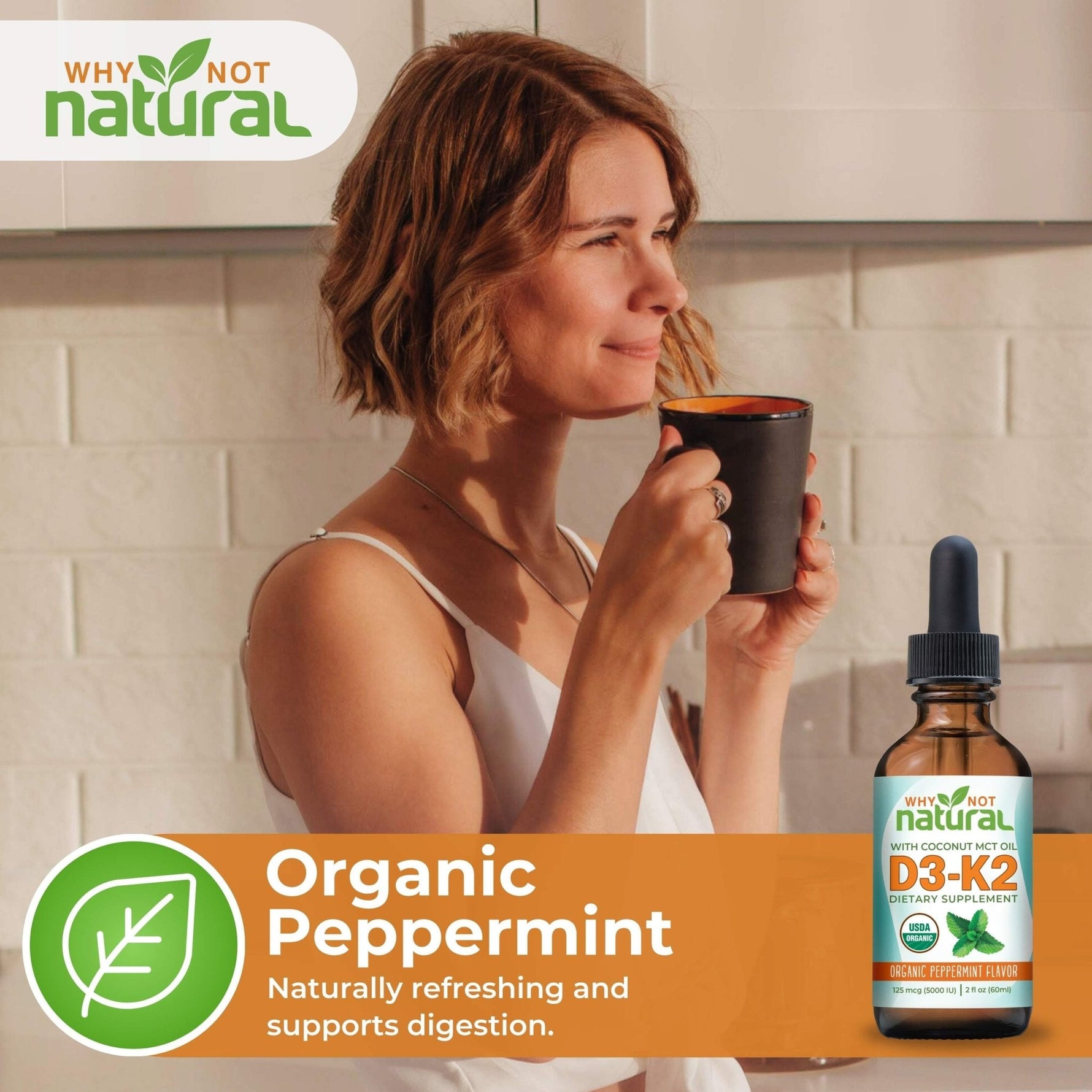 Why Not Natural organic liquid vitamin D3 K2 drops with coconut MCT oil, peppermint flavor, 5000 IU