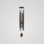Hanging wind chime with six aluminium tubes, a round gold top disc and wooden wind sail
