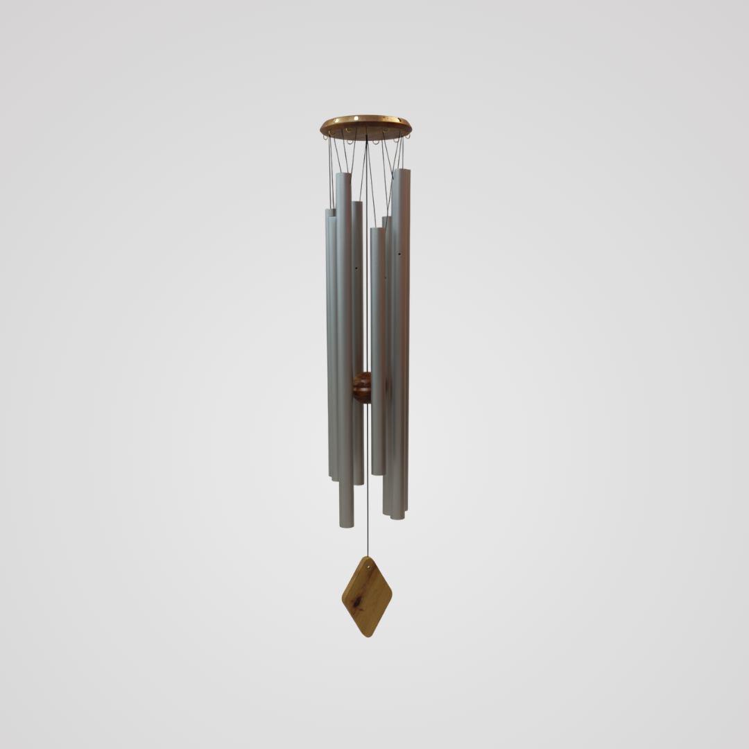 Hanging wind chime with six aluminium tubes, a round gold top disc and wooden wind sail