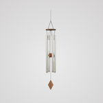 Hanging wind chime with six silver aluminium tubes, a wooden top disc and diamond wind sail