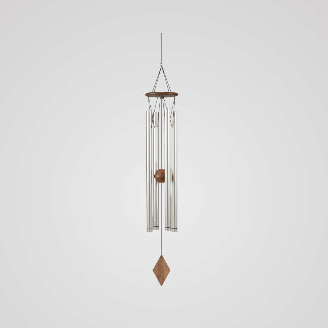 Hanging wind chime with six silver aluminium tubes, a wooden top disc and diamond wind sail
